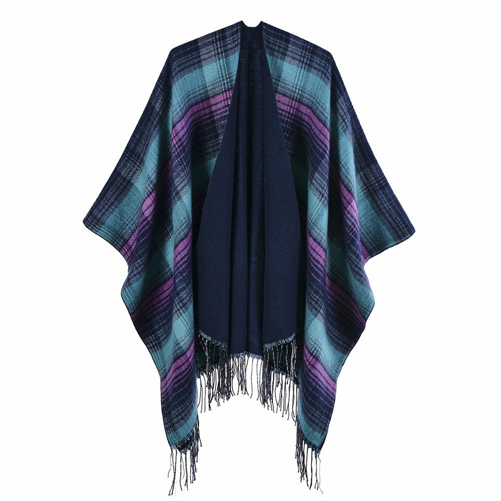 Classic Colorful Plaid Shawl Cape Faux Cashmere Tassel Thickening