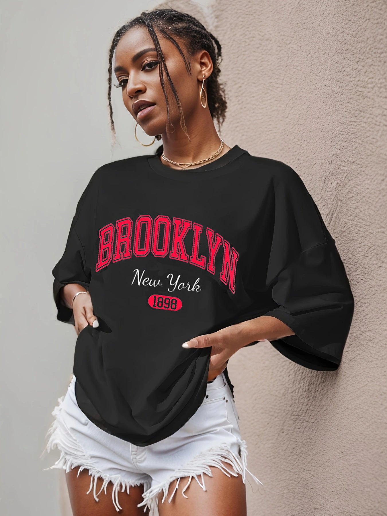 Printet T-shirt til kvinder med sænkede skuldre, sommer, mode, afslappet, kvindetop, "Idle Style"