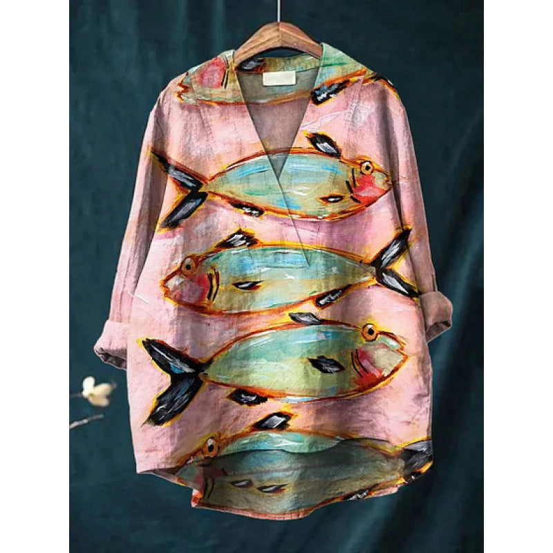 Autumn Collarless Long-sleeved Women's Shirt Long Sweater Casual Shirt
