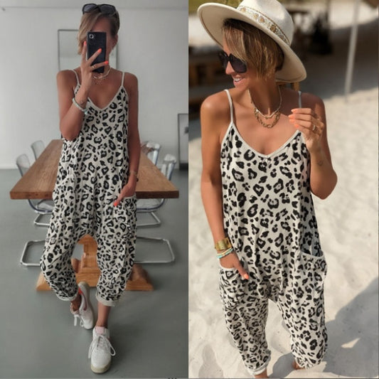 Summer European And American Leopard Print Loose Casual Sling Jumpsuit
