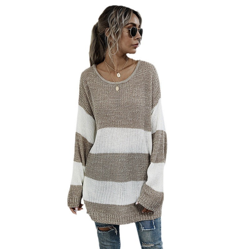 Striped Color Matching Knitted Inner Match Female Mid-length Sweater