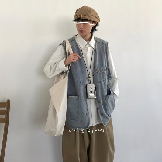 Retro Worn Looking Washed-out Denim Frock Vest Neutral Street Style