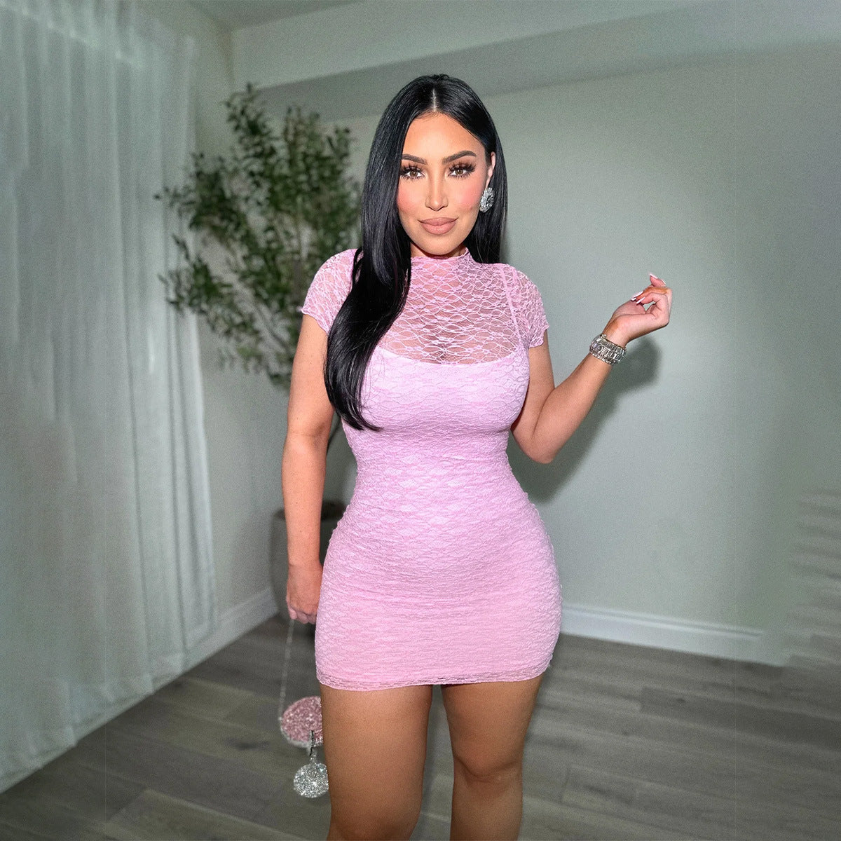 Feminine Fitted Lace Sheer Short-Sleeve Dress