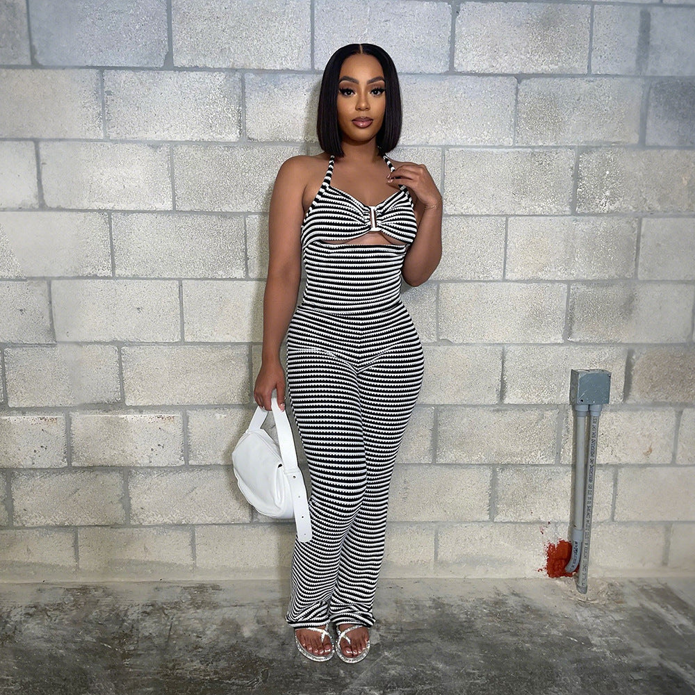 Outerwear Paired With Slim-fit Pencil Pants Two-piece Jacquard Striped Set