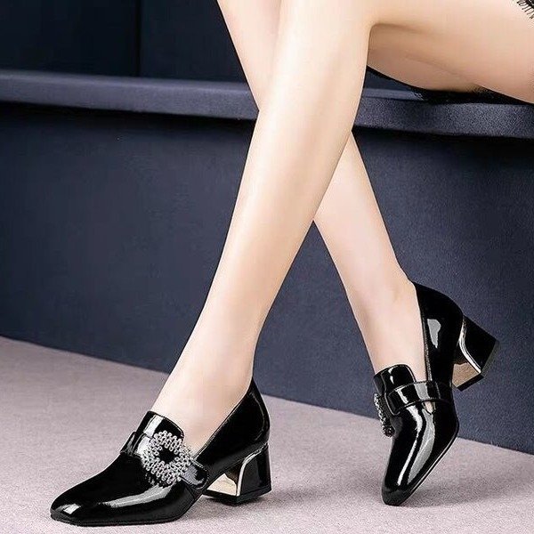 Women's versatile mid-heel chunky heel square toe shoes