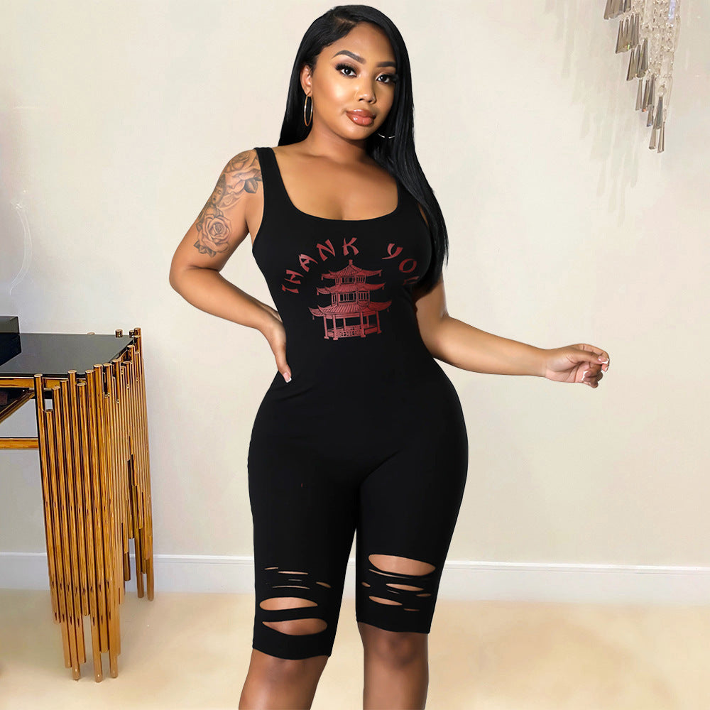 Women's Printed Hollow-out Ripped Jumpsuit