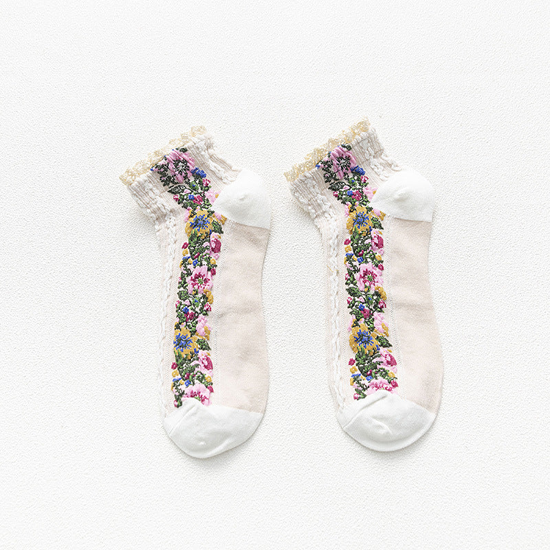 Women's New Lace Cotton Retro Small Floral Boat Socks