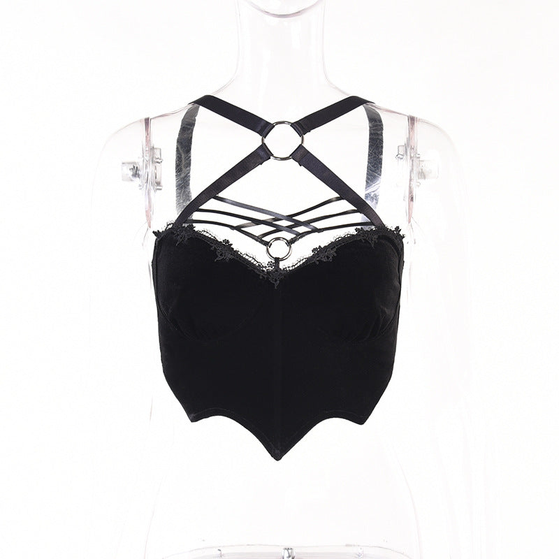 Dark Bat Round Ring Buckle Deep V Beauty Back Sling