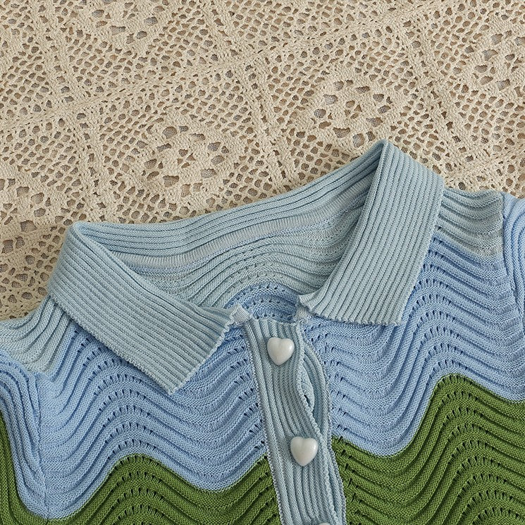 Contrast Splice Wave Edge Short Sleeve Knitted T-shirt Women