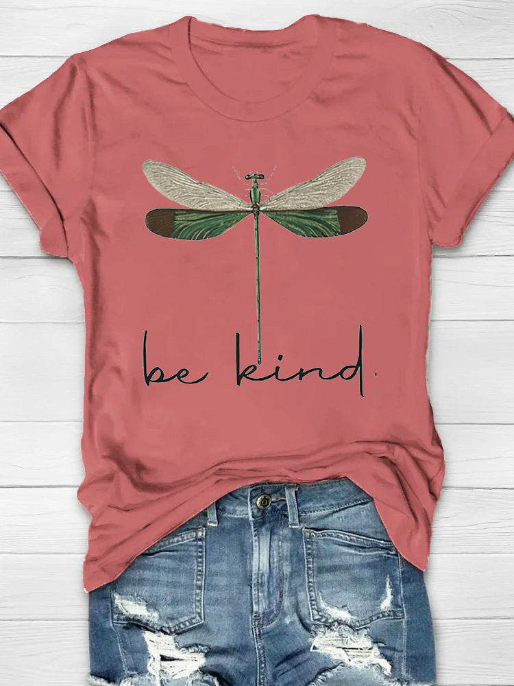Round Neck White Loose Pullover Chic Dragonfly Short Sleeve