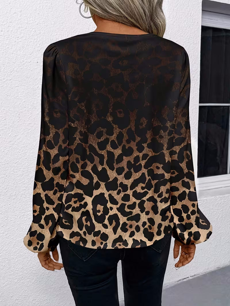 Women's Casual Leopard-Print Puff-Sleeve V-Neck Shirt