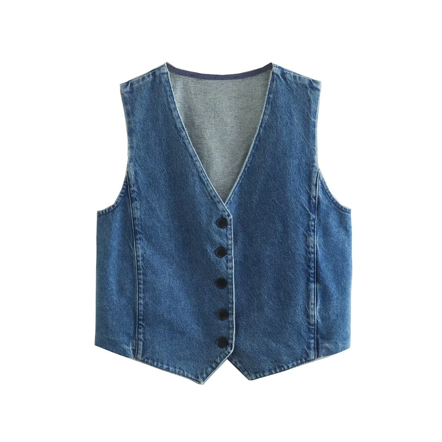 V-neck Sleeveless Vest Elastic High Waist Slit Skirt Denim Suit
