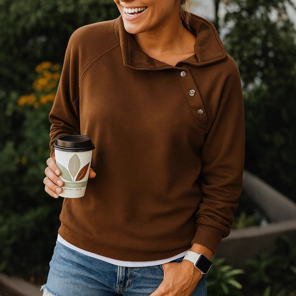 Casual Loose And Stylish Long Sleeves Button Diagonal Collar Sweater