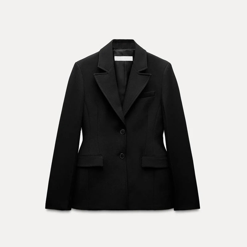 Women's Plus Size Suit Padded Shoulder Slim-fit Black Button Coat