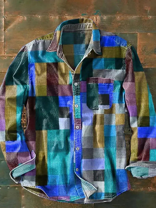 New Retro Vacation Style Color Matching Printing Stylish Men's Long Sleeve Button Top Shirt