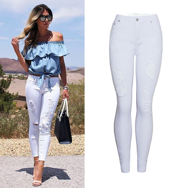 Trendy Slim-fit Ensfarvede Hvide Ripped Skinny Bukser til Kvinder