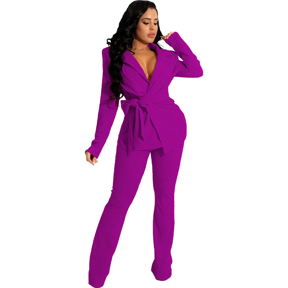 European And American Women's Stand Solid Color Fashion V-neck Two-piece Suit