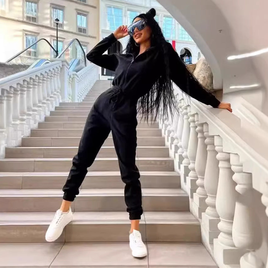 Womens Hooded Drawstring Jogger Jumpsuit Set