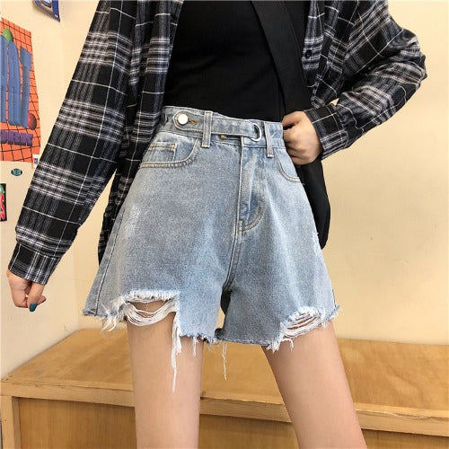 Retro High-waisted Straight Hole Wide-leg Denim Shorts