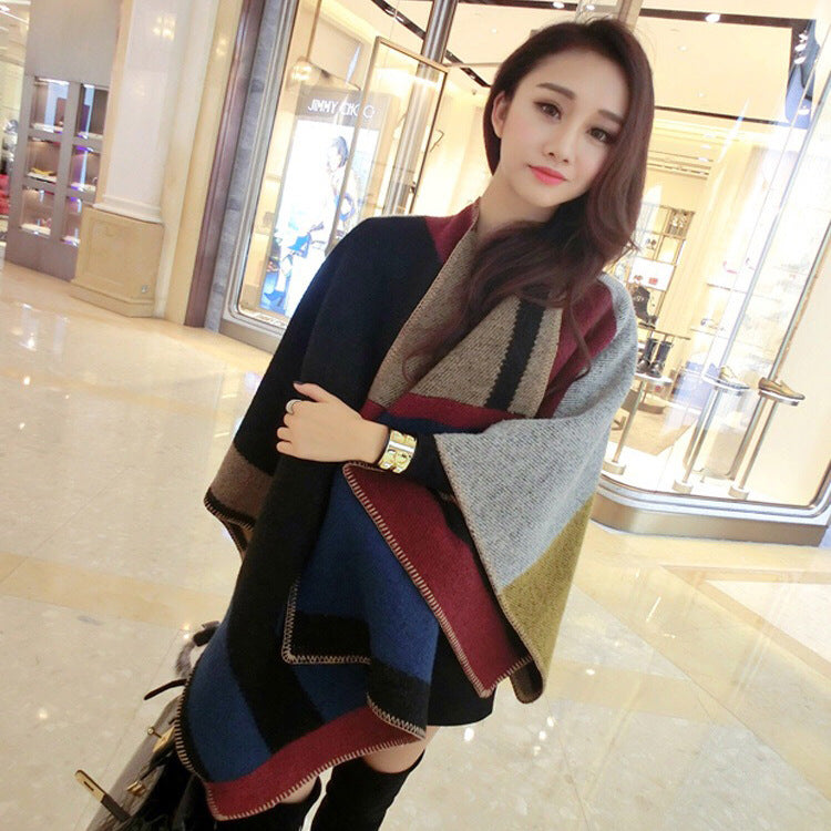Color big color block cashmere wool shawl cloak