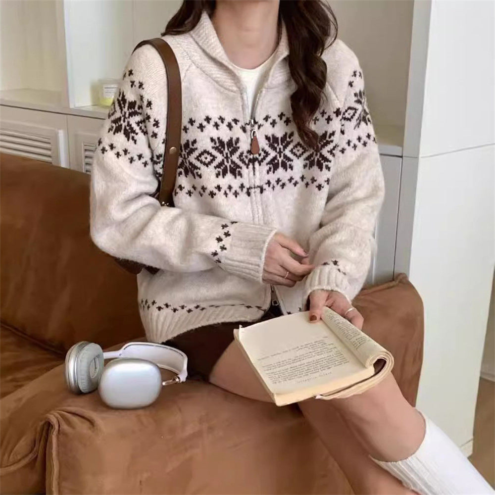 Retro Contrast Color Jacquard Weave Zip Sweater Women's Coat