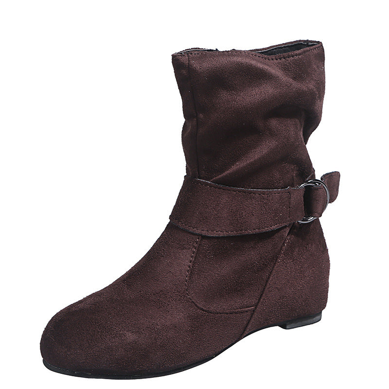 European Station Plus Size Suede Flat Belt Buckle Women's Ankle Boots