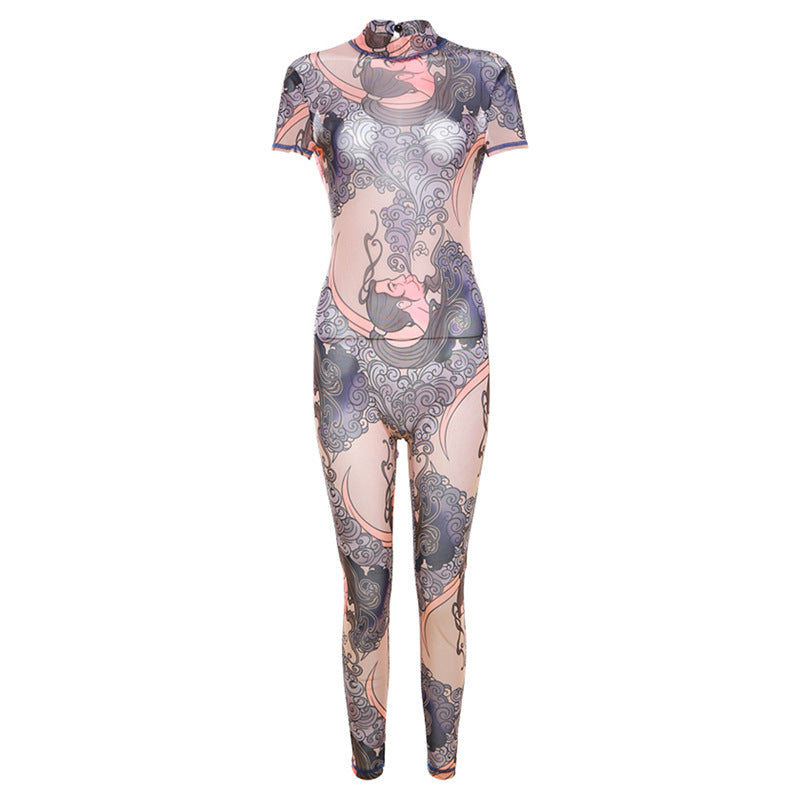 Women's See-through Mesh Floral Print Hollow Backless Tight Jumpsuit