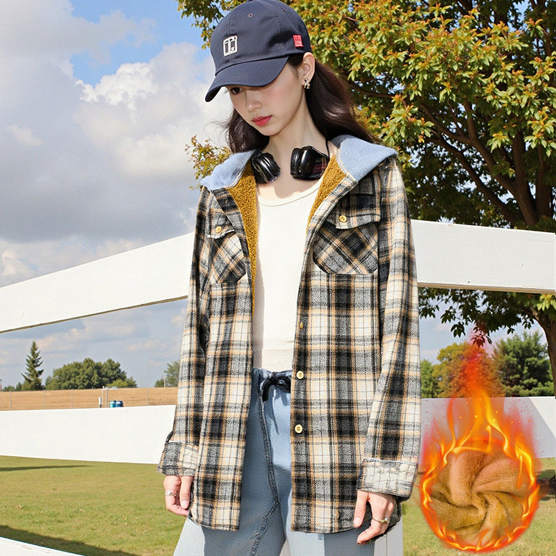 Casual And Loose Hooded Plaid Shirt Top For Women