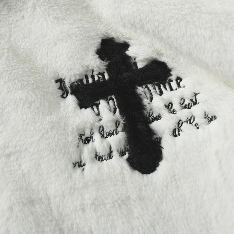 Men's Hip Hop Letter Embroidered  Rabbit Fur Jacket