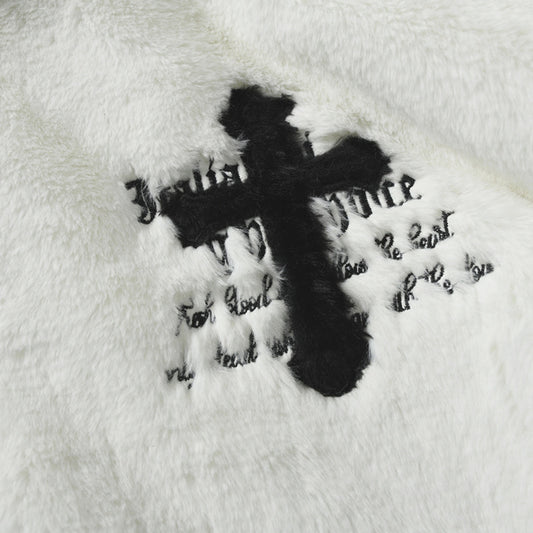 Men's Hip Hop Letter Embroidered  Rabbit Fur Jacket