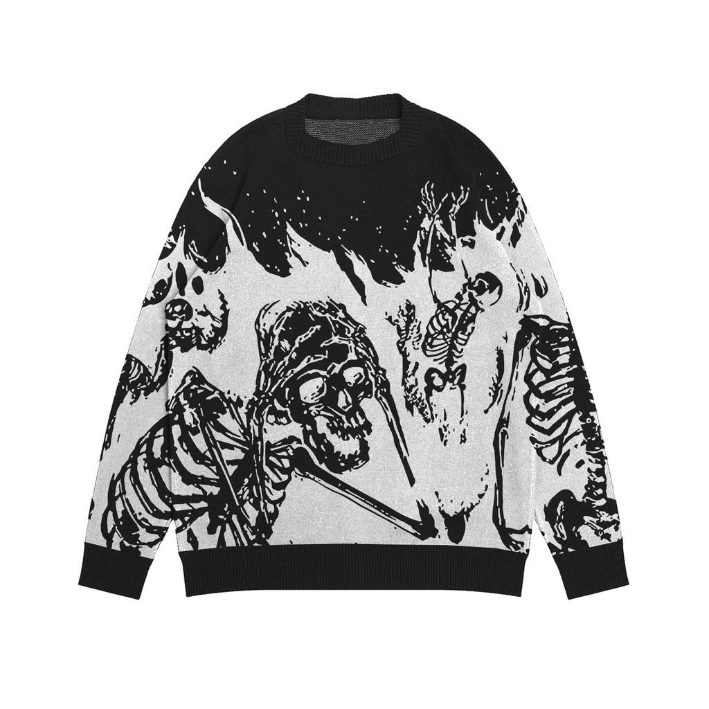 Jacquard Rund Hals Efterårs- og Vinter Flamme Dødningehoved Sweater Teenagere Løstsiddende Overtøj Top