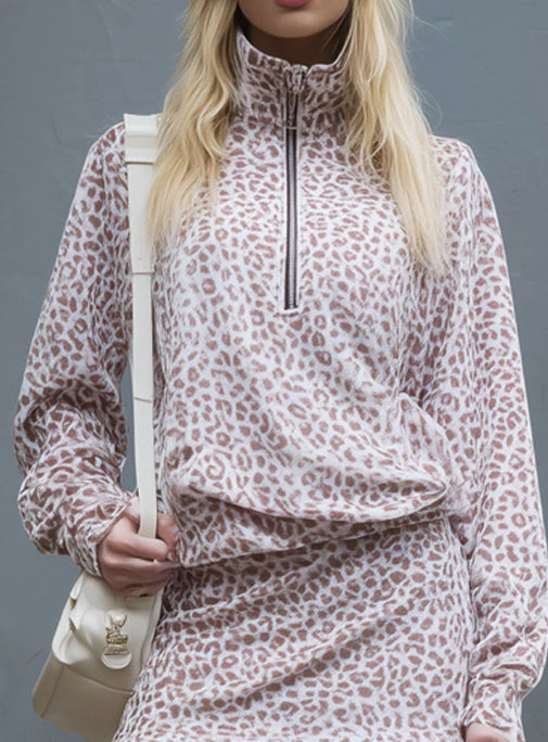 Loose Fitting Leopard Print Stand Collar Zip Up Top And Velvet Skirt Set