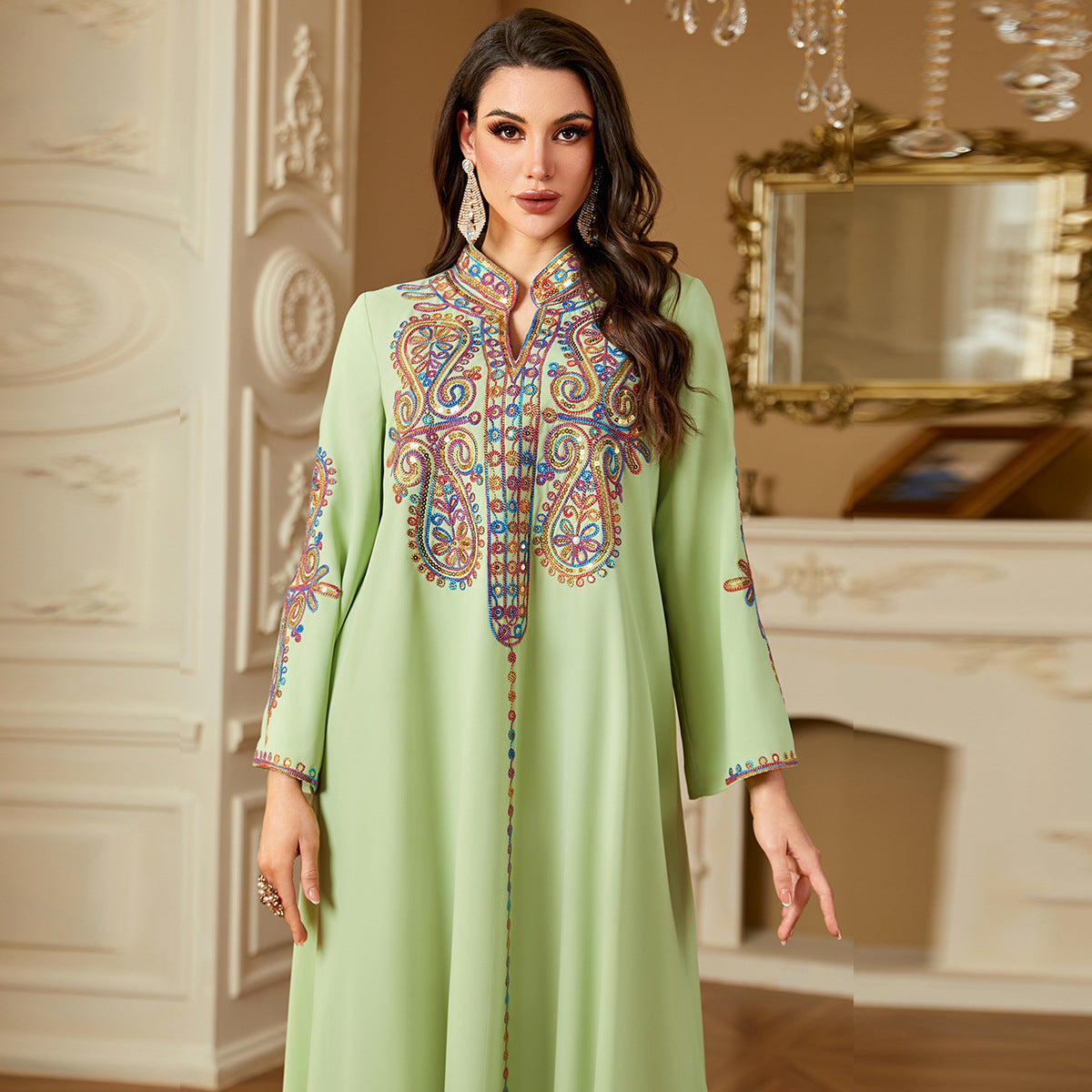 Elegant Beaded Embroidery Dress For Muslim Women In A Long Robe Style