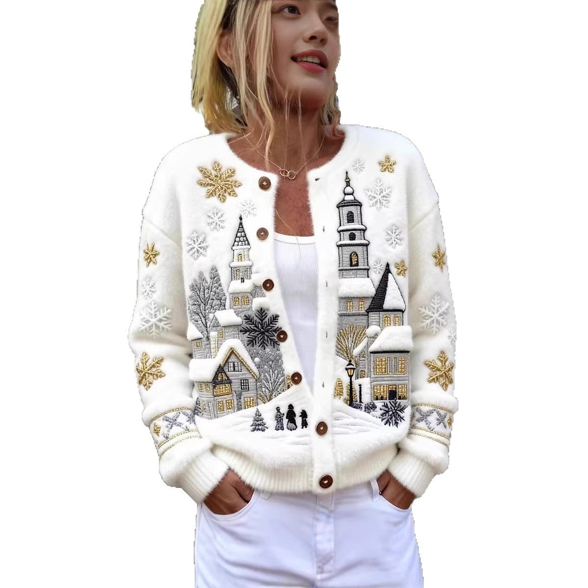 Knitted Cardigan Sweater Coat In A Snowman Style Short Length Single Breasted With A Crew Neck