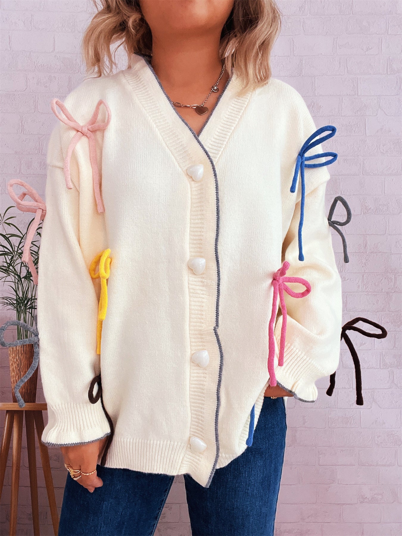 Cute Street Color Bow Decorative Single-breasted Knitted Sweater