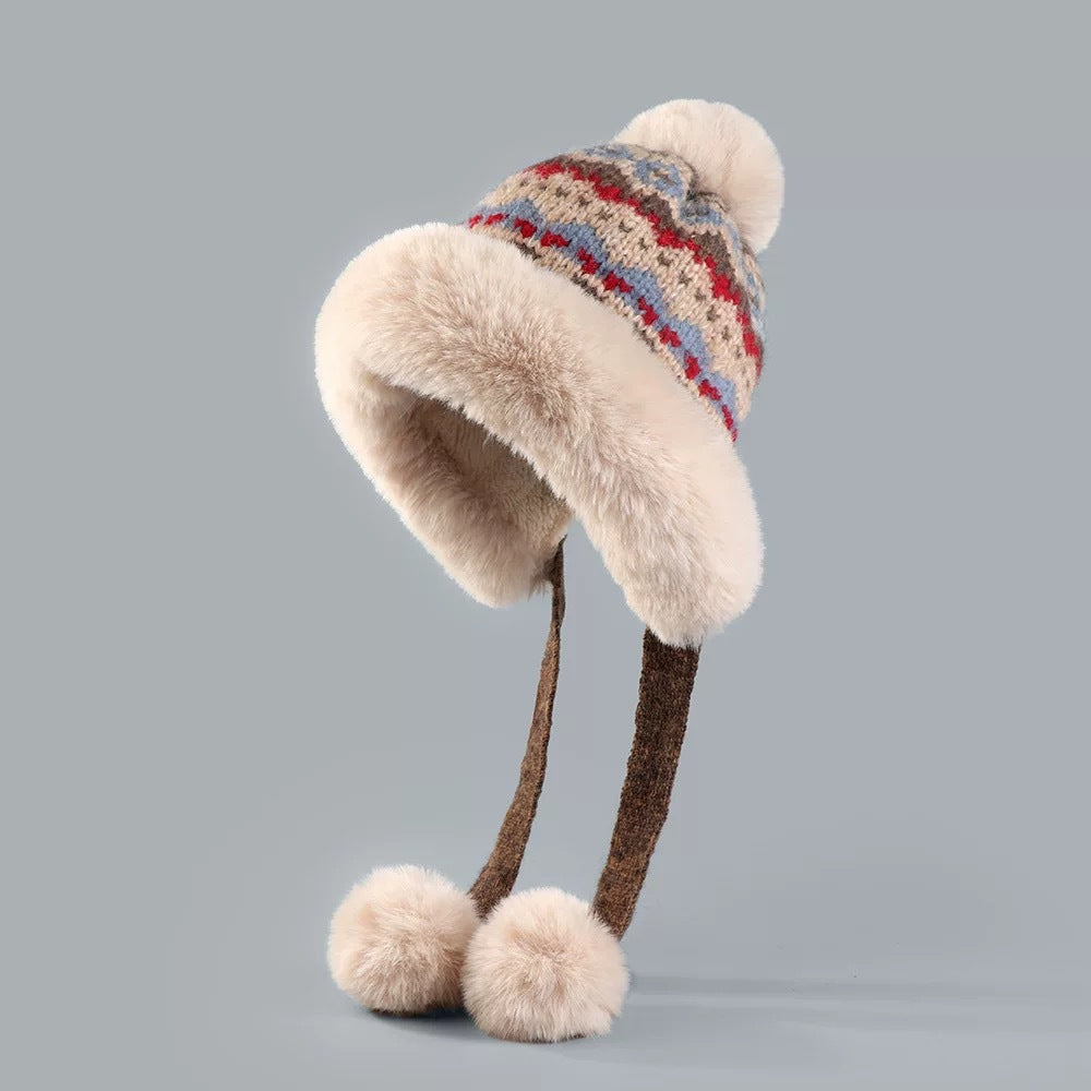 Retro Ethnic Style Plush Knitted Hat Women's Autumn And Winter Cold Protection Earflaps Woolen Cap