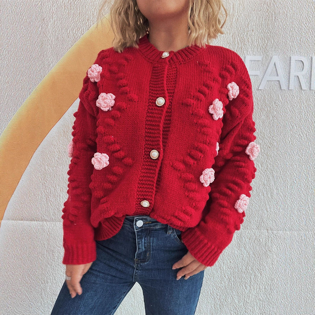 Cute Three-dimensional Flower Decorative Knitted Cardigan Round Neck Sweater