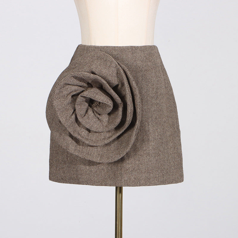 Elegant Style High Waist A- Line Skirt Fashionable Three-dimensional Flower Stitching Design Short Skirt