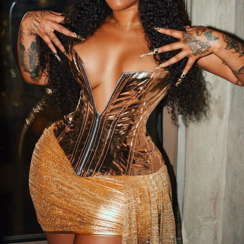 Sexy Fashion-forward Metallic Patent Leather Tube Top
