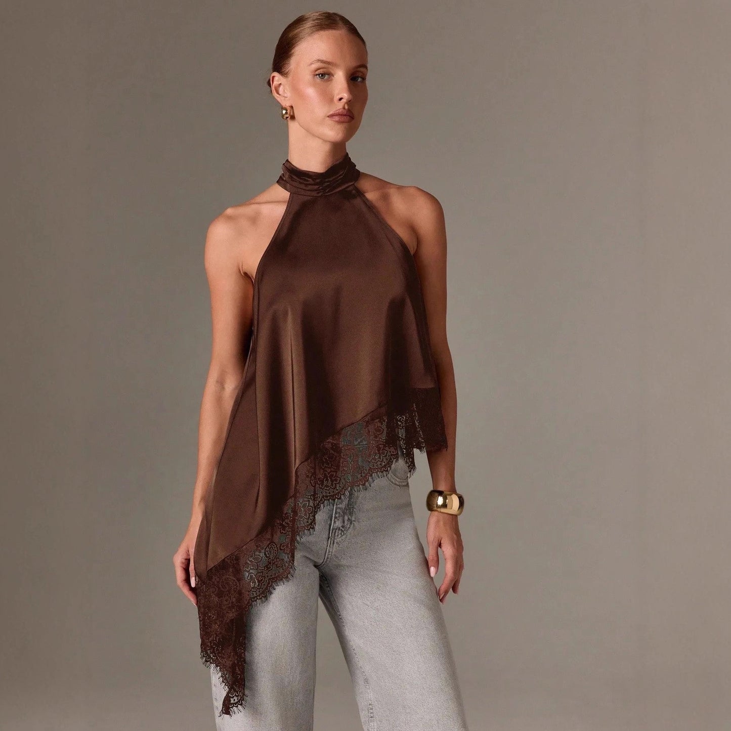 Womens Sleeveless Lace-Trimmed Asymmetrical Halterneck Satin Vest