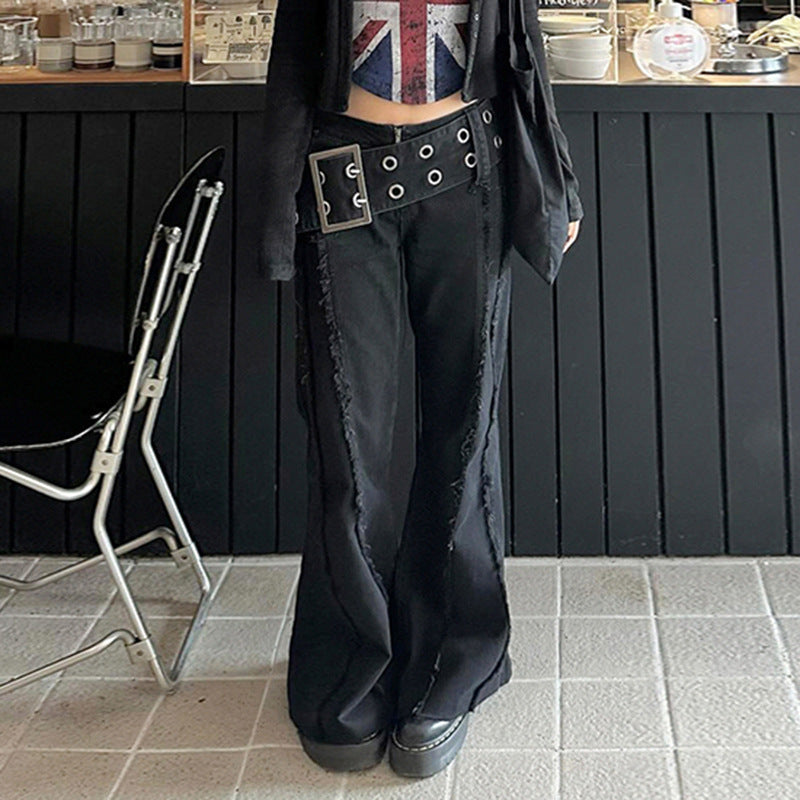 New Metal Wide Belt Frayed Low Waist Skinny Jeans For Women