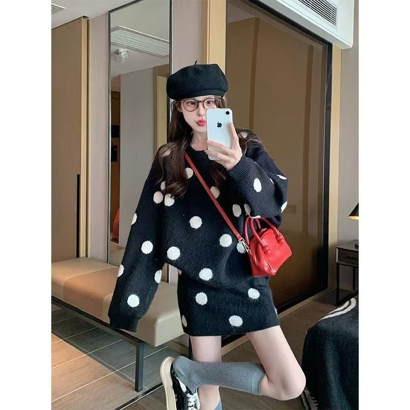 Fashion Casual Loose Knitted Top Sweater Dress Two-piece Set
