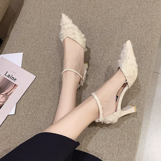 Pointed Toe  Sandals With Thick Heel Buckle