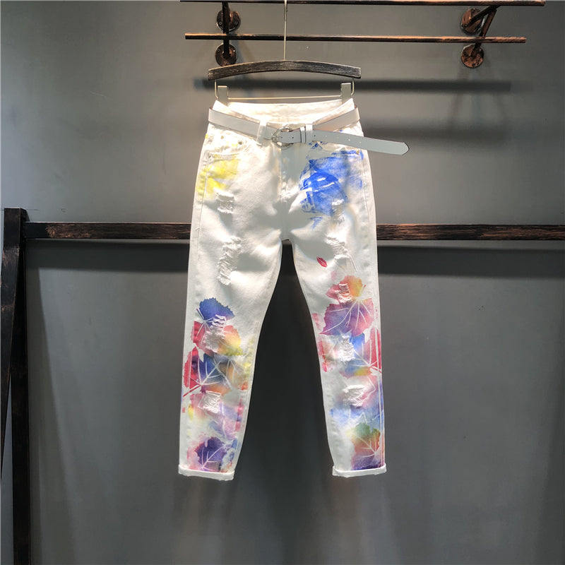 Dame Stretchede Blomsterprint Lige Jeans Blyantsbukser