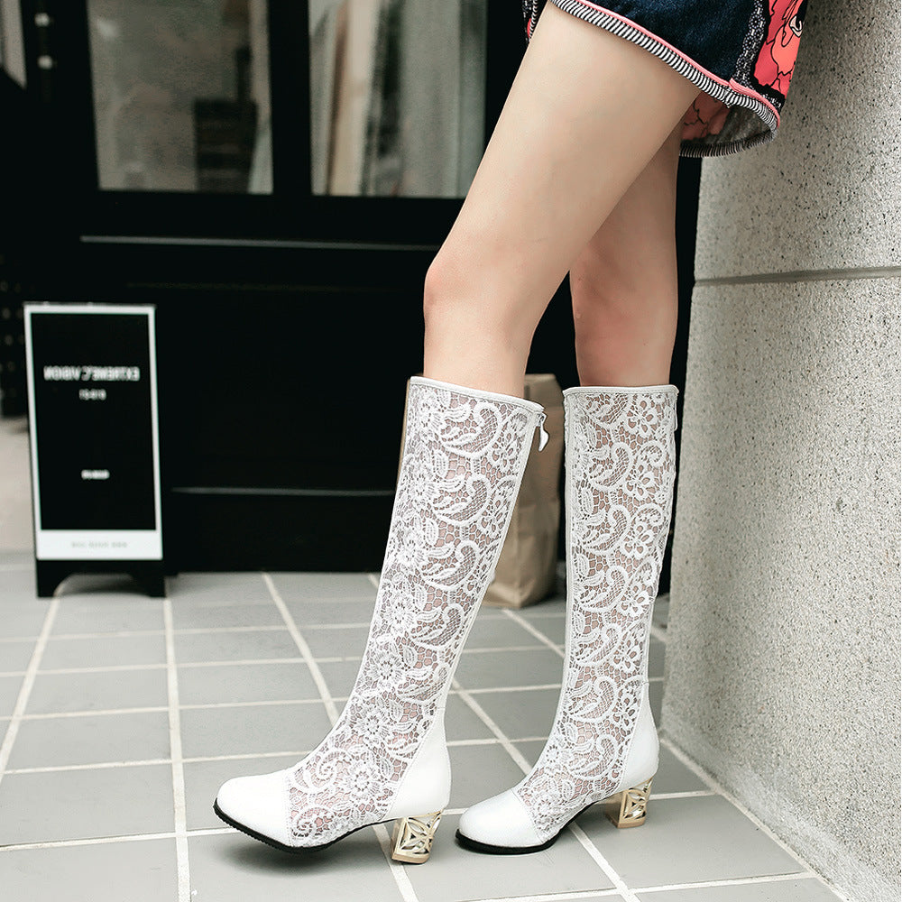 Round Toe Stitching Lace Back-zip Boots Chunky Heel Women's Sandals