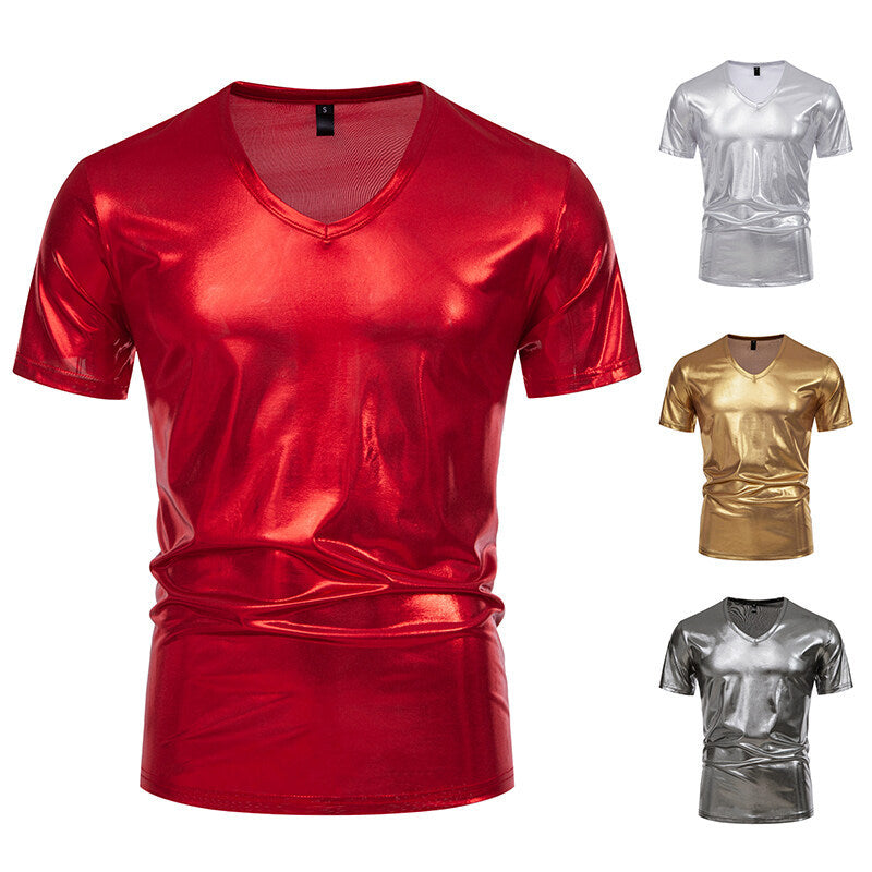 Summer Men's Glossy Bronzing T-shirt Male V-neck