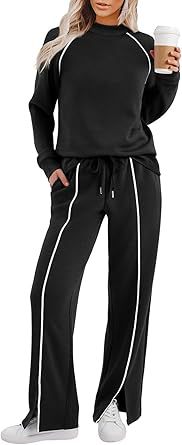 Round Neck Long Sleeve Stretch Leg Slit Casual Sweatshirt Outfit
