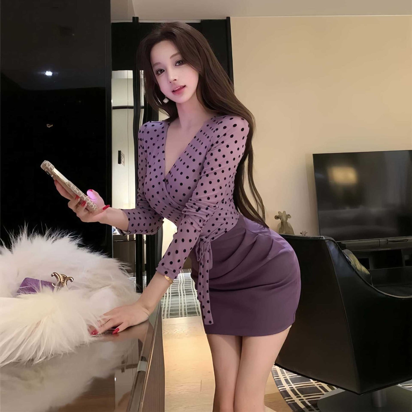 Womens Springfall Long-sleeve Waist-cinching Skirt Sexy Bodycon Mini Skirt