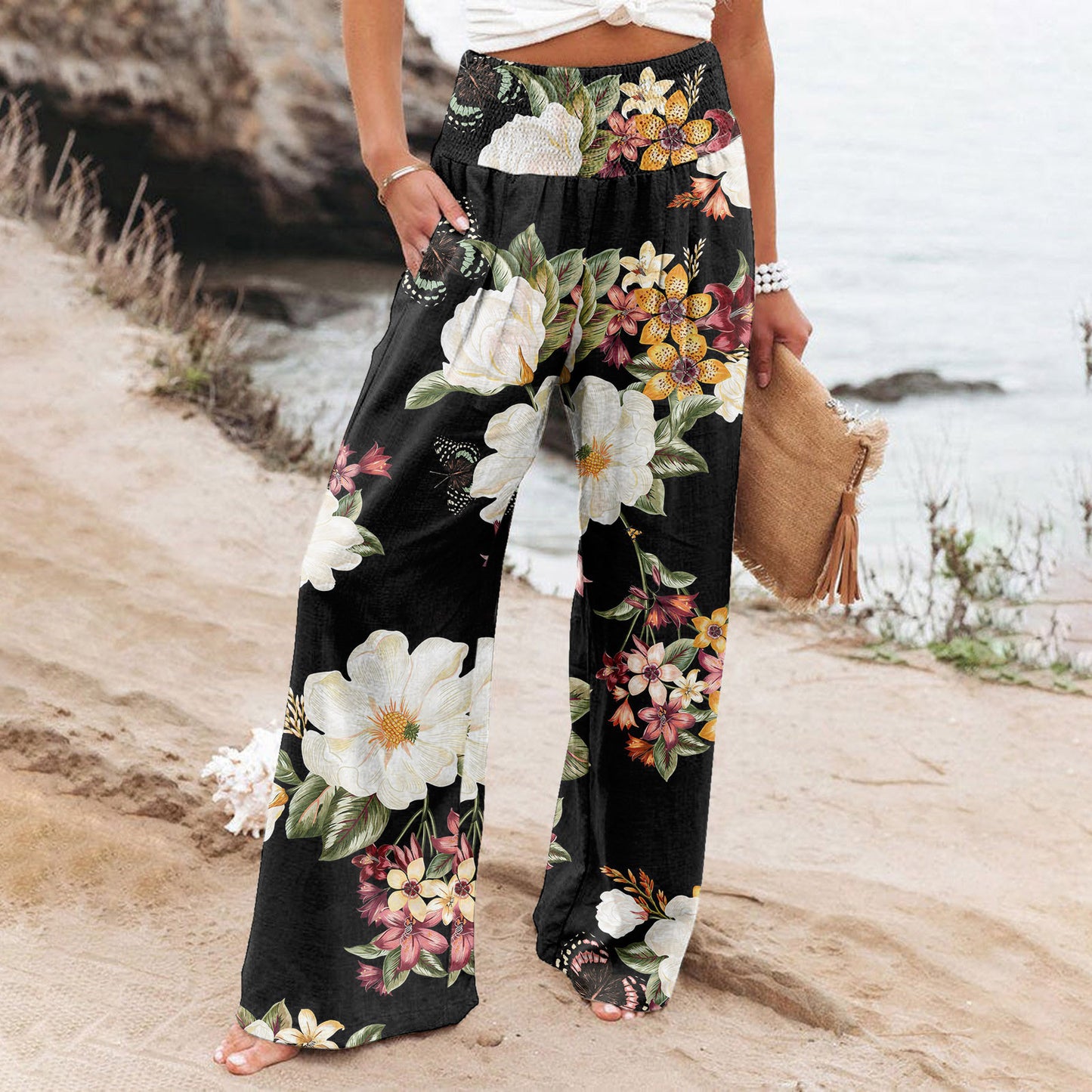 Women's Casual Wide-leg Cotton And Linen Printed Loose Trousers