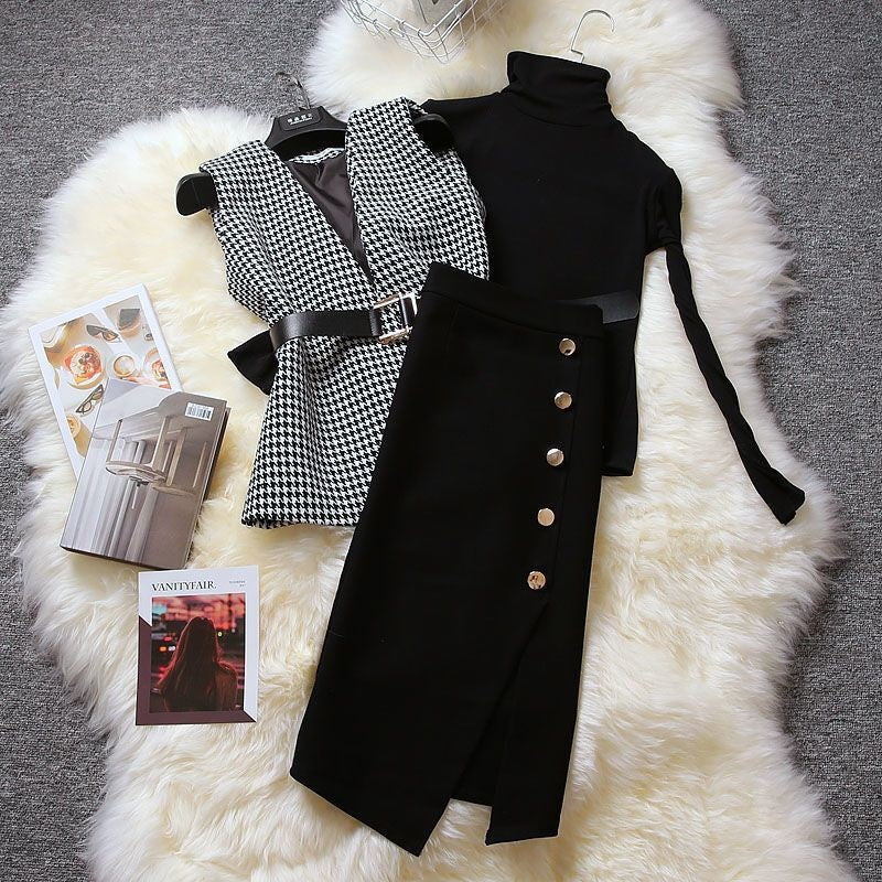 Plus Size Women's Wide-leg Pants Knitted Three-piece Suit